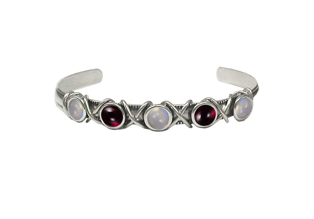 Sterling Silver Cuff Bracelet With Rainbow Moonstone And Garnet